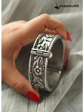 Floral Design Silver Oxidised Bangle