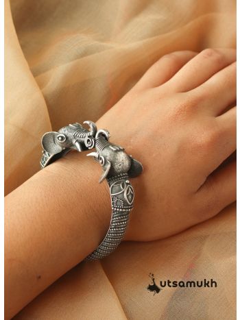 Elephant Design Silver Oxidised Bangle