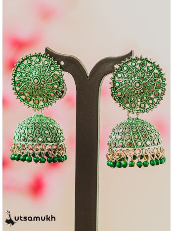 Silver Oxidised Beaded Jhumka - Green