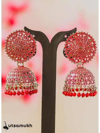 Silver Oxidised Beaded Jhumka - Red