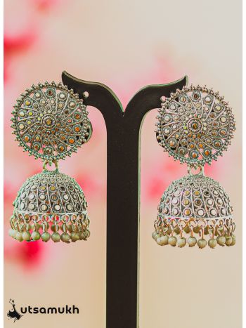 Silver Oxidised Beaded Jhumka - Gray